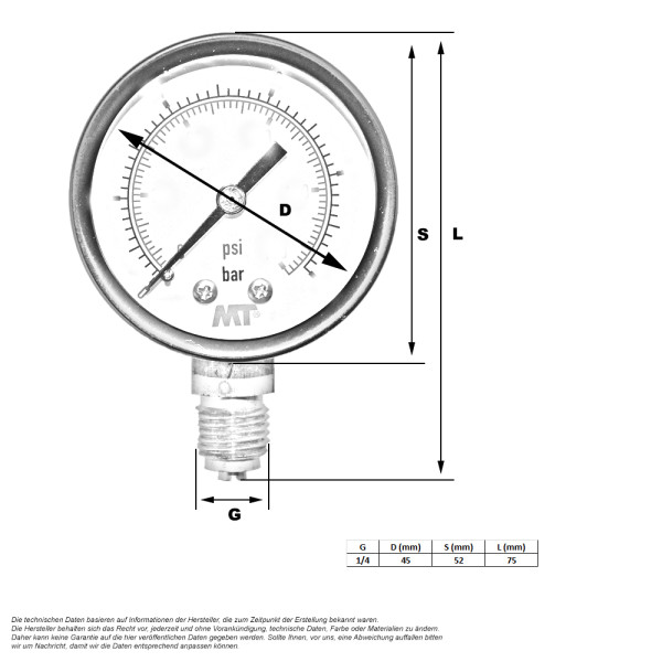 ENVIRON- Manometer 1/4 ØDN50 Anschluss von unten, 0-16 bar, Druckluft  und Wasser Vakuum