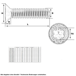 Senkkopf Schraube Torx M4 x 6mm (A2 - ISO14581)